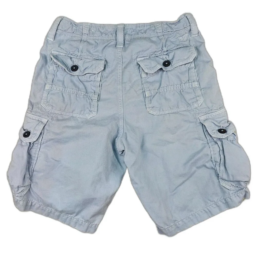 American Eagle Mens 28 Light Blue Seersucker Cargo Shorts Y2K Utility